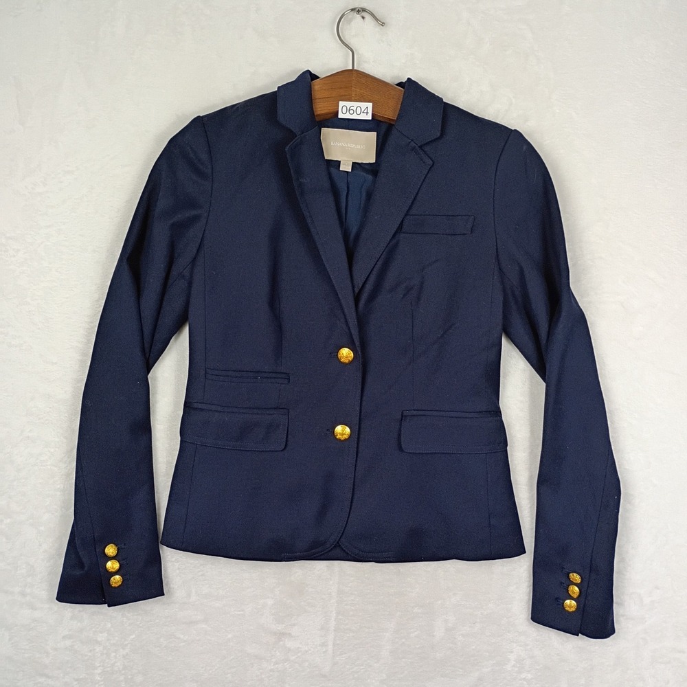 Banana Republic Blazer Womens 4 Navy Blue Gold Crest Button Military Work Wear